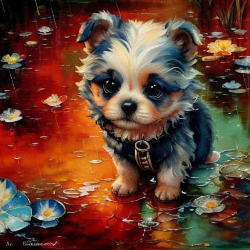 Sorrowful Watercolor Puppy in Rainy Sunbeam