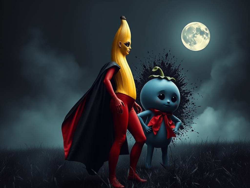 Anna Banana-nator and her sidekick Blueberry Barry Boy battling The Vicious Veggies Gang