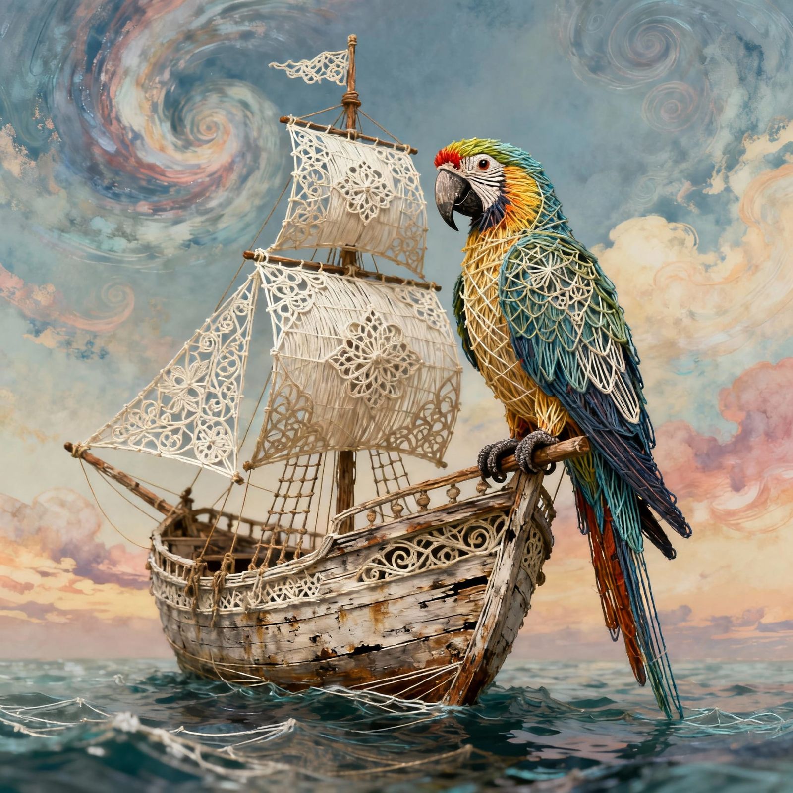 Macaw on Sailboat in Dreamlike Sky, String Art Style