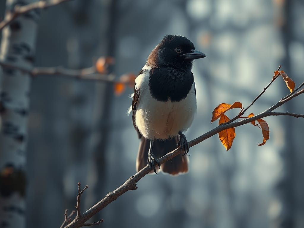 Photorealistic Magpie on Birch Branch in Autumn Forest