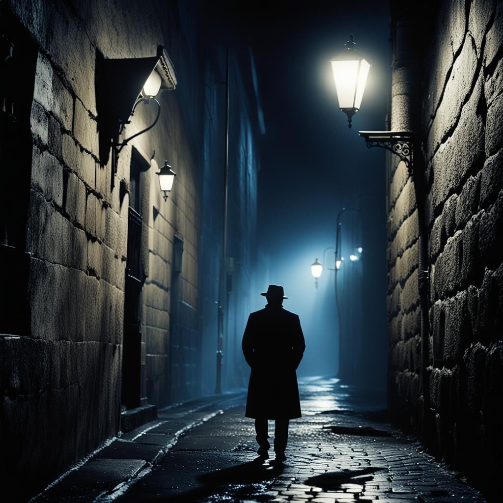 Noir Film Still: Mysterious Figure in Dark Alley
