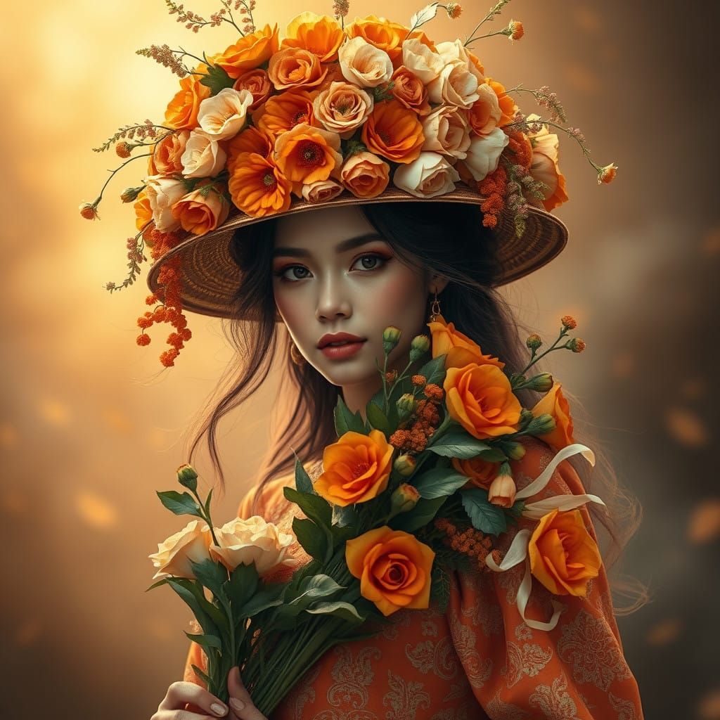 Elegant Young Woman in Opulent Hat with Vibrant Flowers