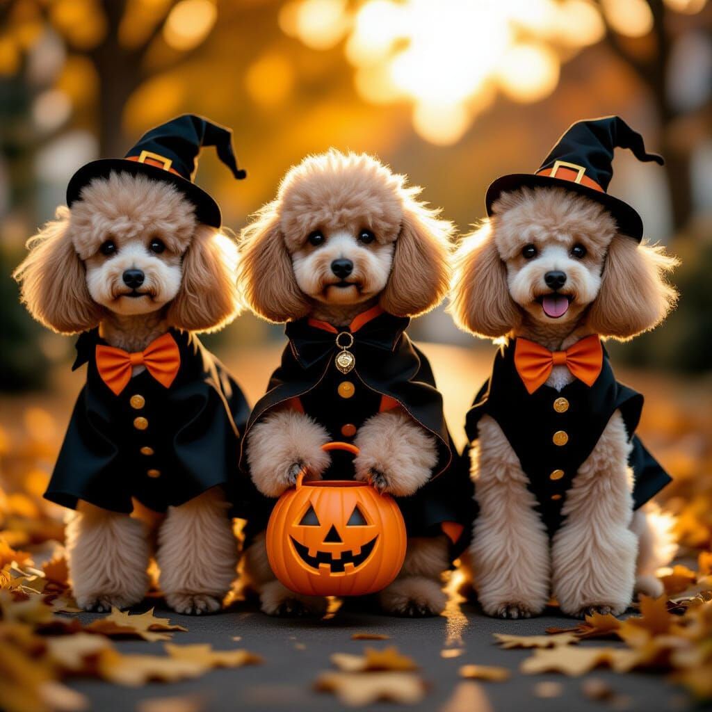 Poodles in Halloween Costumes Trick-or-Treating