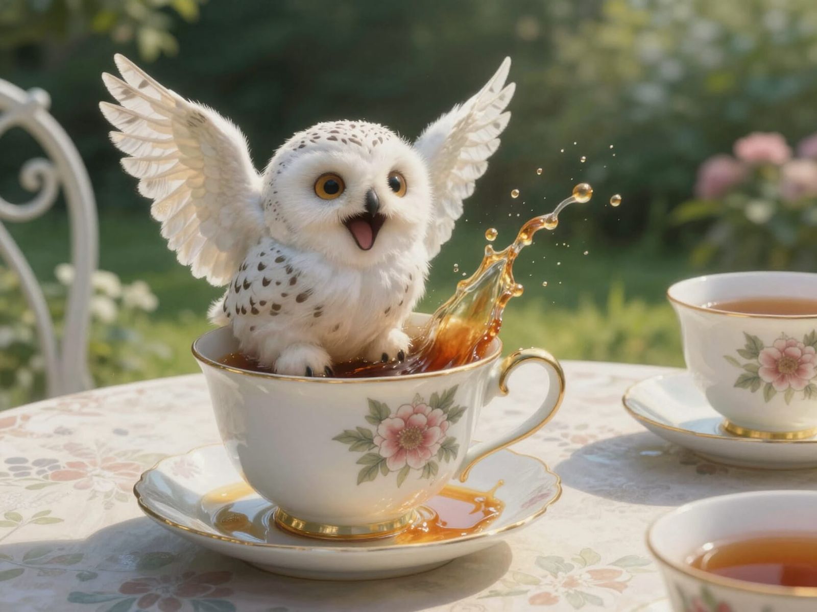 Adorable Baby Owl in Teacup with Tea Splash