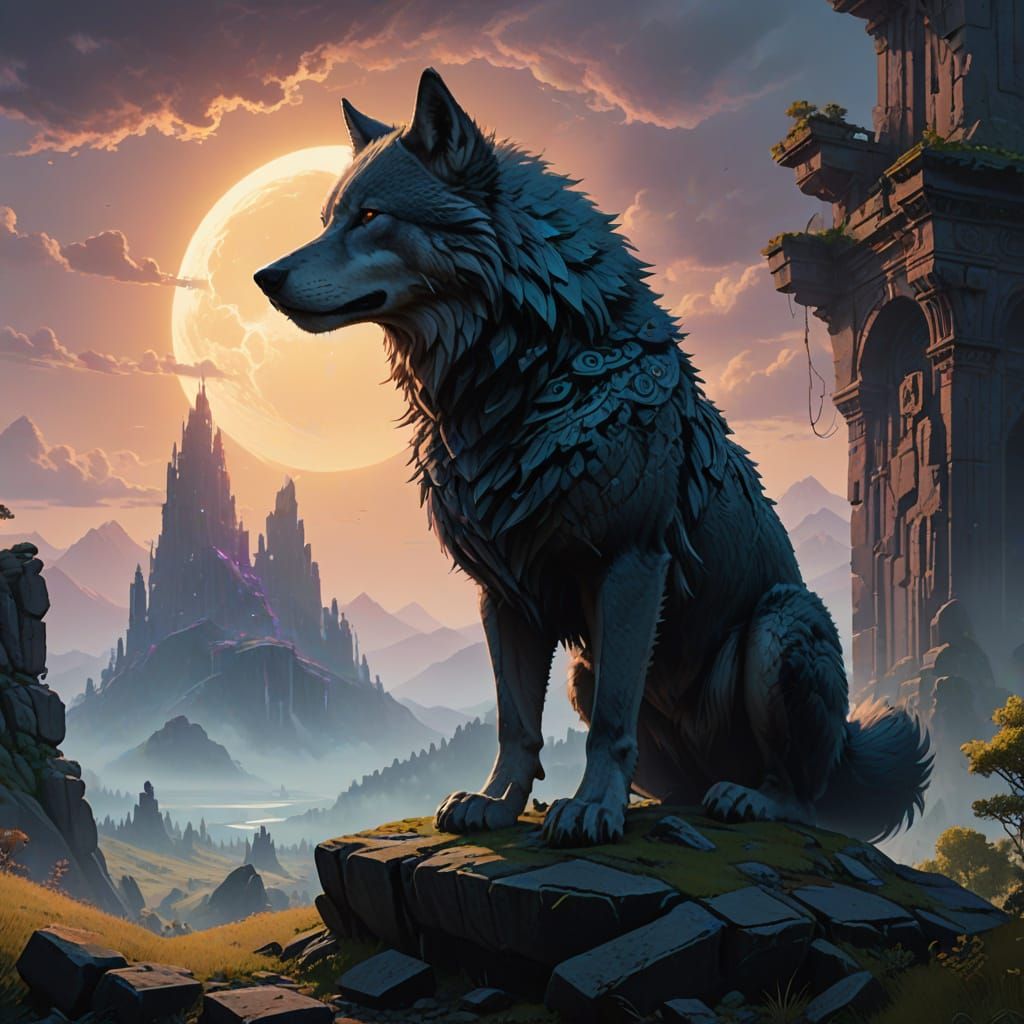 Regal Wolf Amidst Ancient Ruins in Vibrant, Ethereal Landsca...