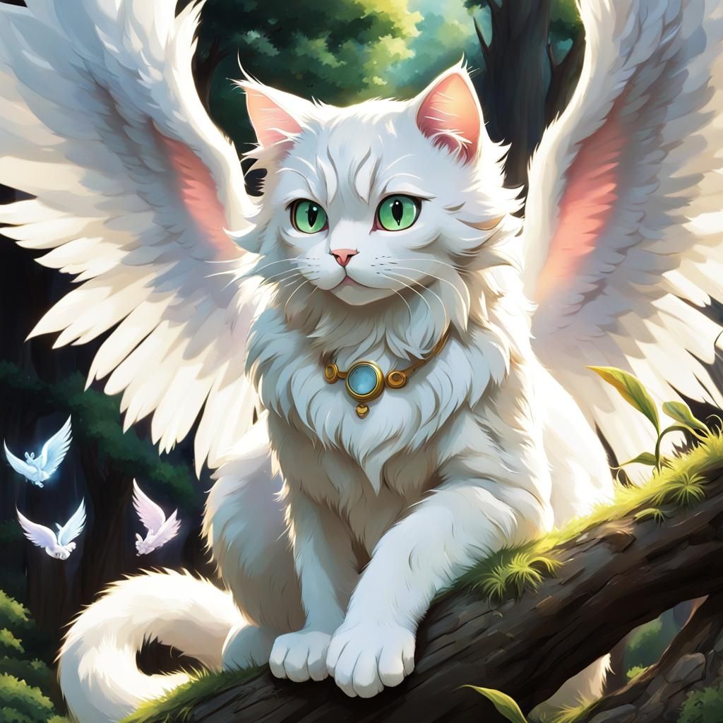 Winged White Cat in Anime Ghibli Style
