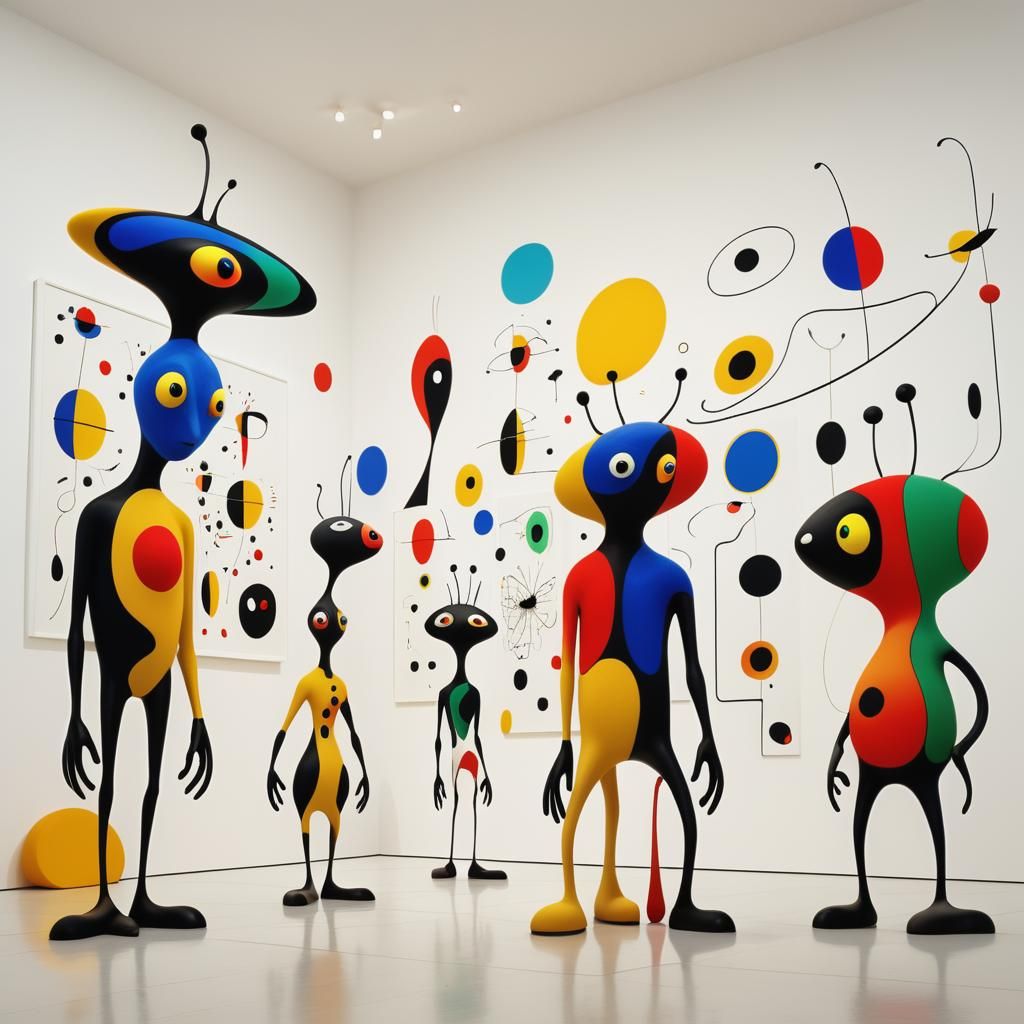 Surreal Abstract Figures Admiring Art in Gallery