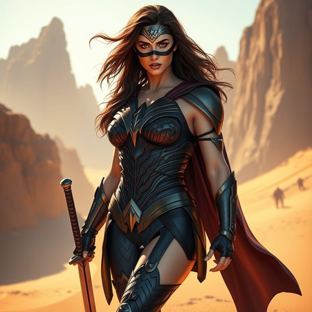 Wonder Woman in Black Armor in Desert Landscape