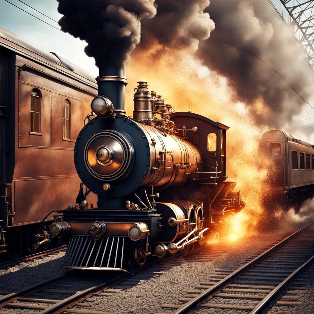 Steampunk Train Crash Explosion in Hyperreal Detail