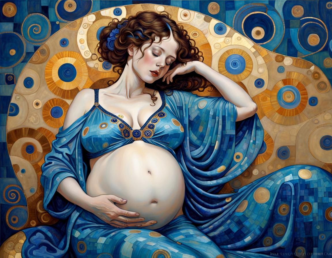 Pregnant Woman in Blue: A Gustav Klimt Style Image