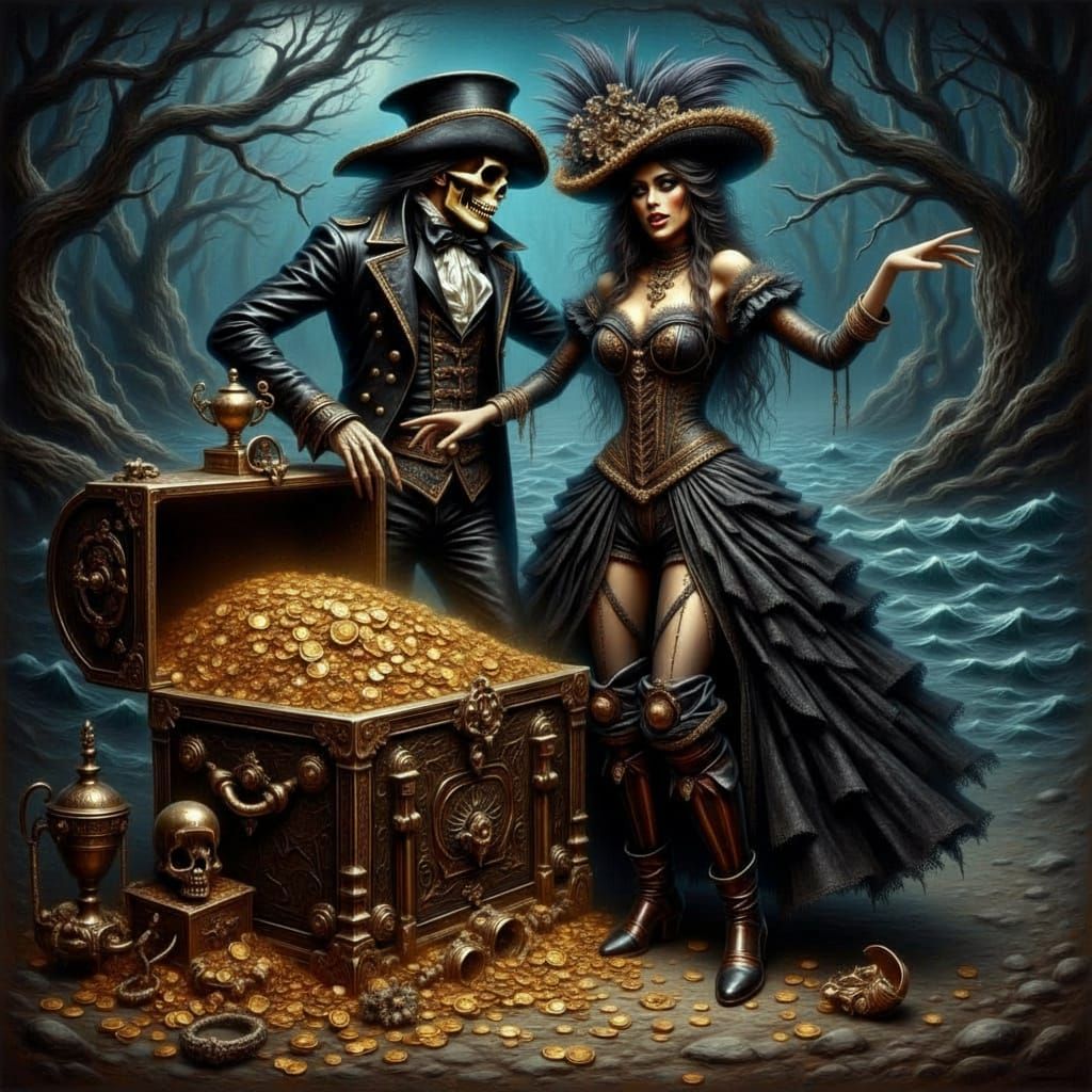 Macabre Victorian Gothic Pirate Treasure Oil Painting