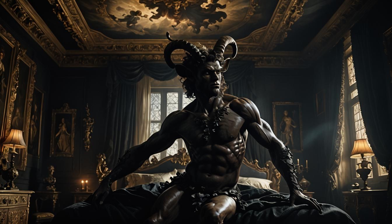 Resin Faun in Dark Bedroom: Baroque Digital Painting