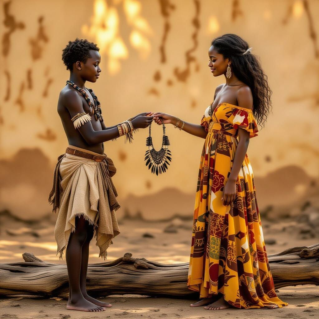 Boy Offers Necklace in Klimt-Inspired Serene Scene