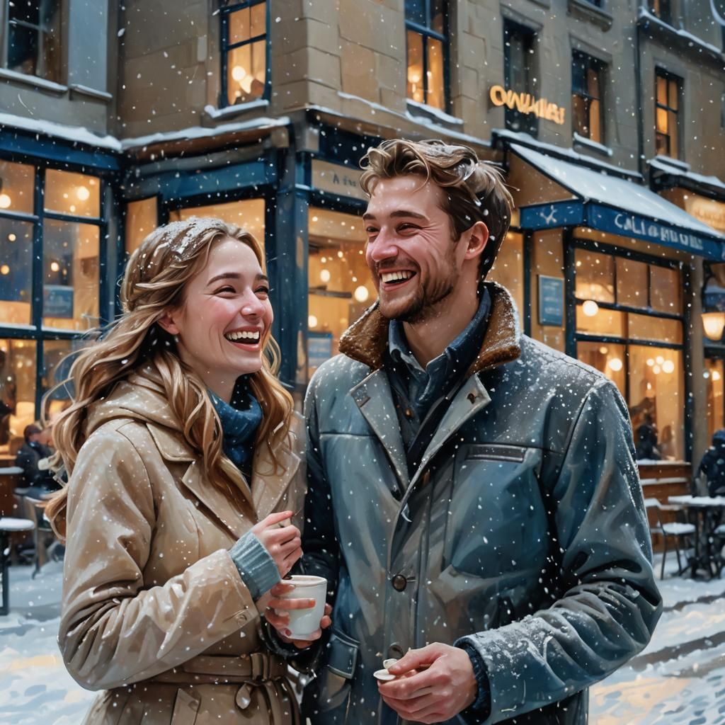 Romantic Couple in Snowy Cafe: Post-Impressionist Scene