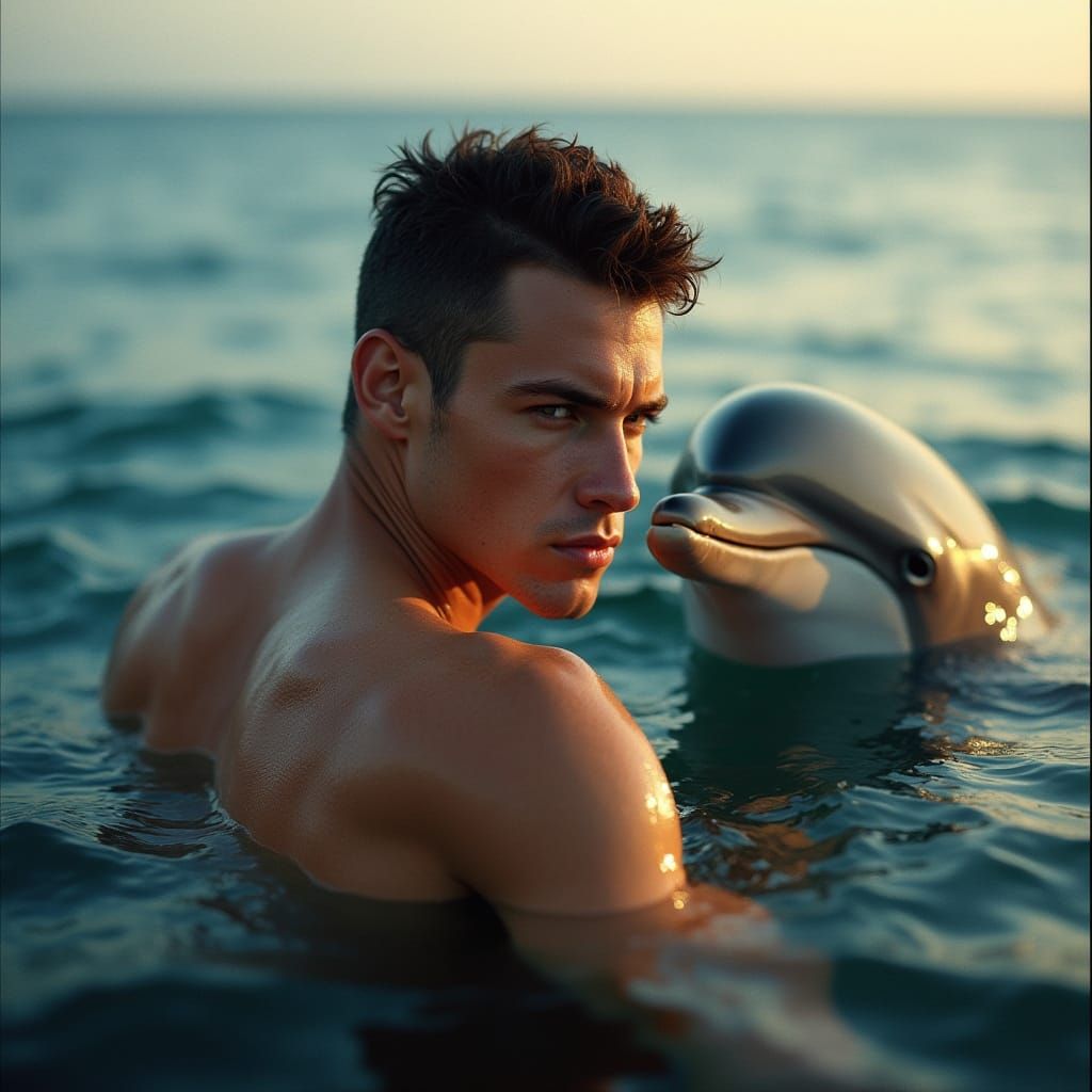 Breathtaking Athletic Young Man and Majestic Dolphin in Cine...