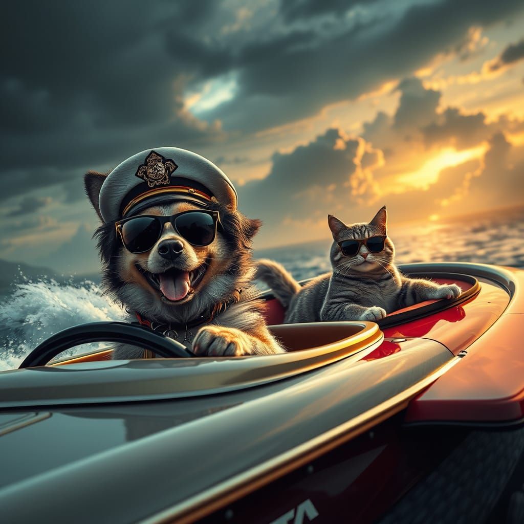A dog driving a boat pulling a water skiing cat both smiling and wearing sunglasses