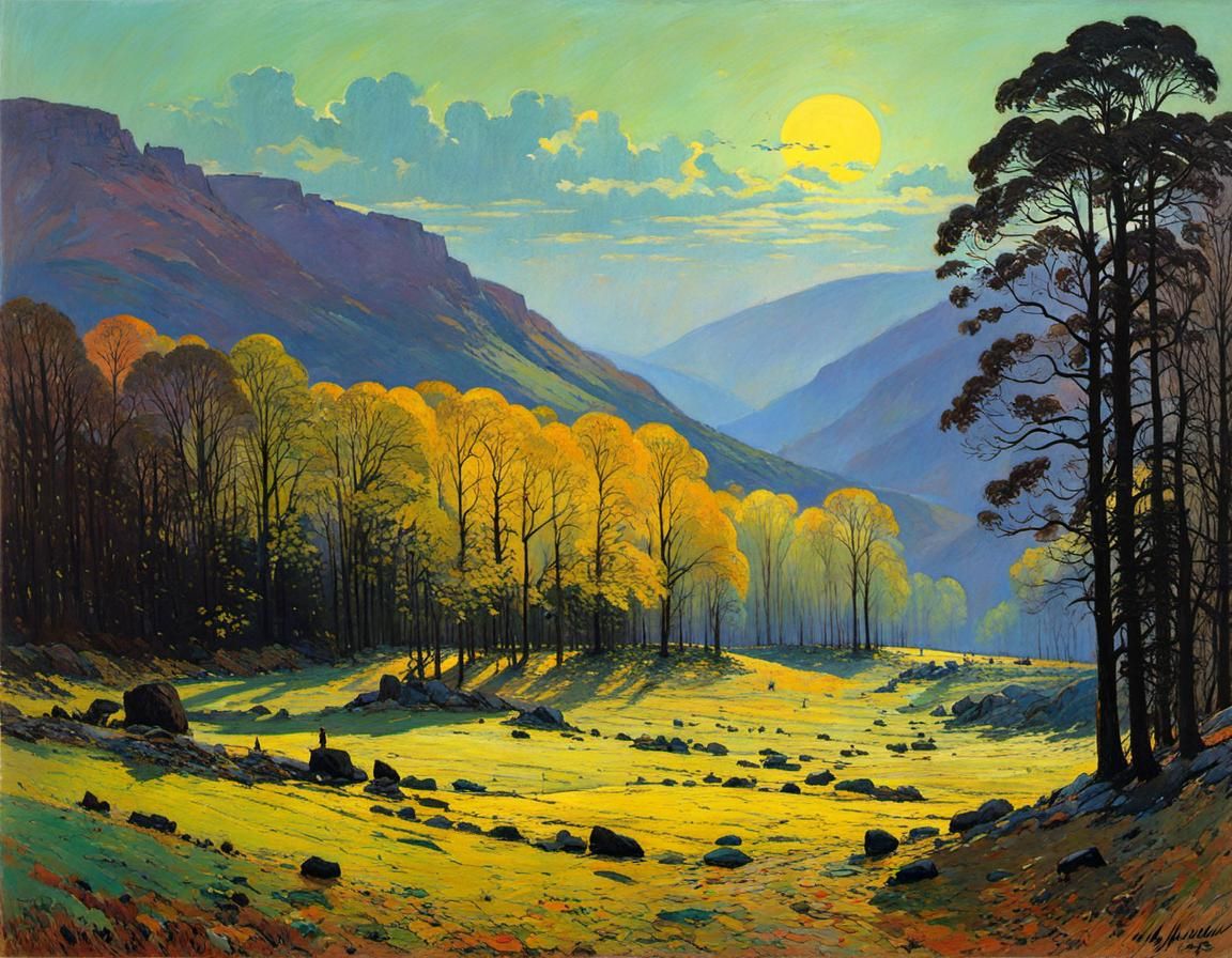 Tonalist Landscape Painting with Atmospheric Perspective