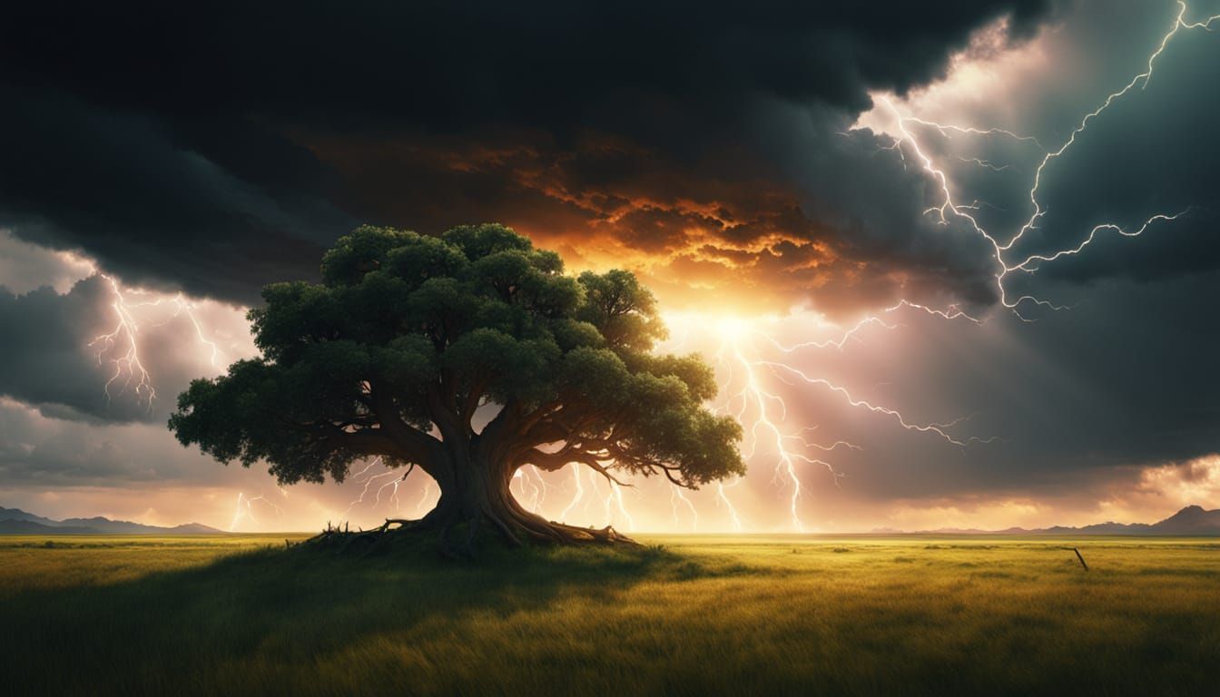 Dramatic Tree on Plain with Lightning, Digital Painting