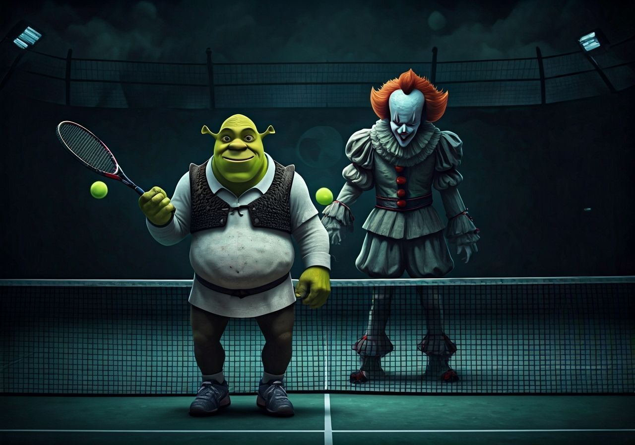 Shrek and Pennywise Play Tennis in Dark Fantasy Art