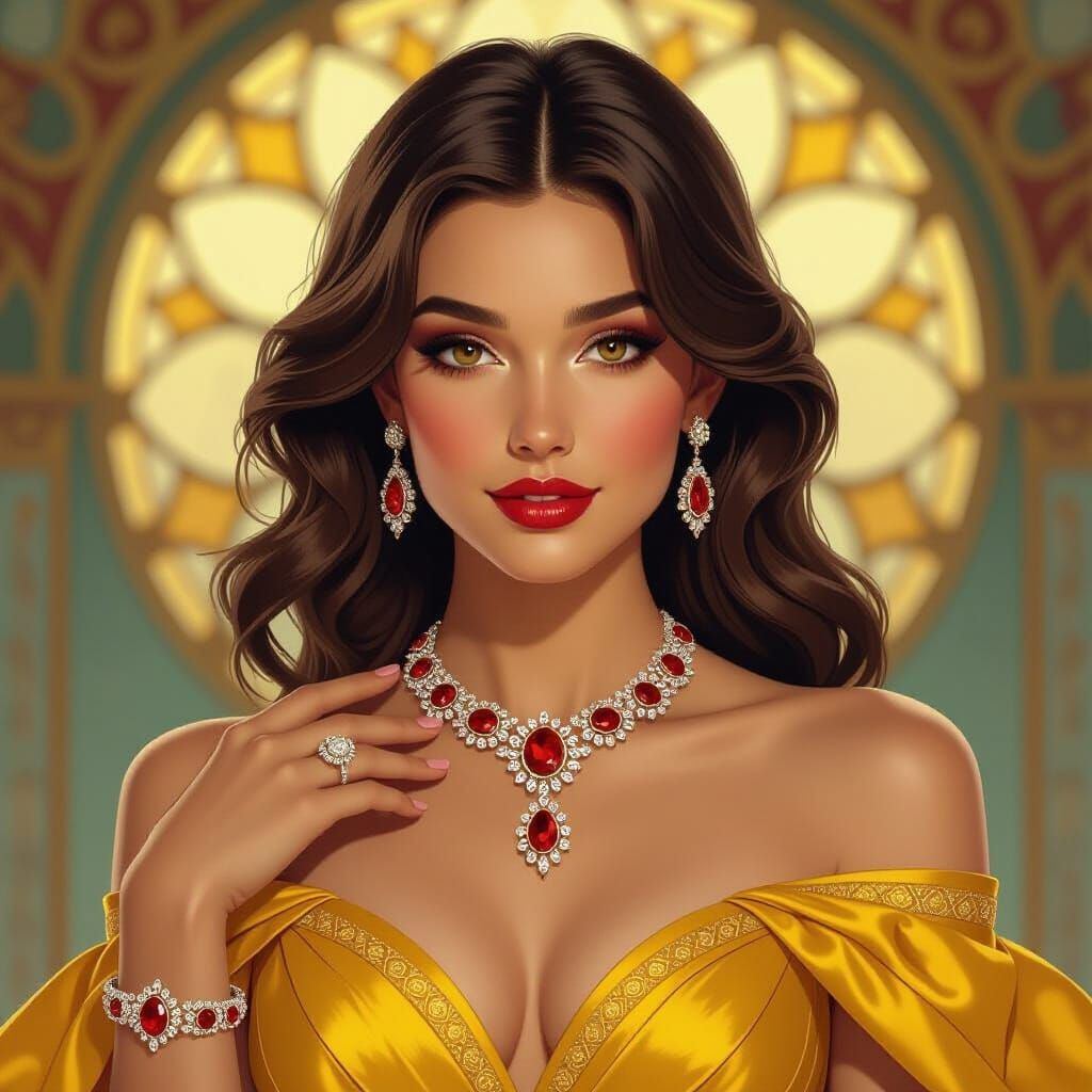 Woman in Yellow Red Gown with Diamond Jewelry