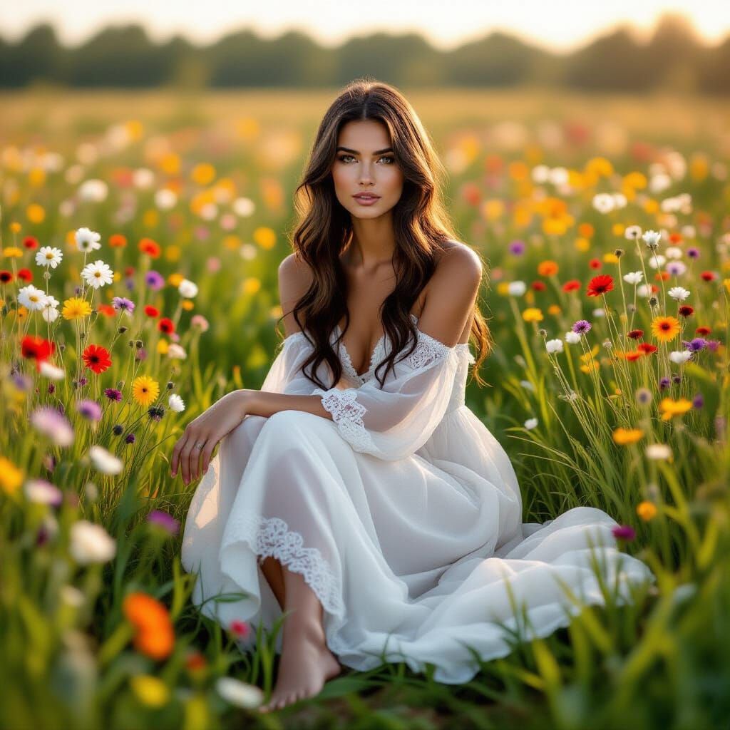 Woman in Wildflower Field at Dawn, Photorealistic Portrait