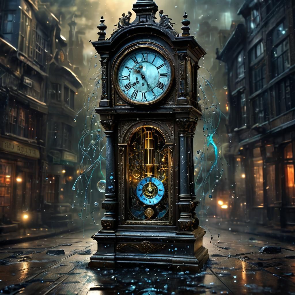 Glowing Grandfather Clock Surrounded by Energy Orbs