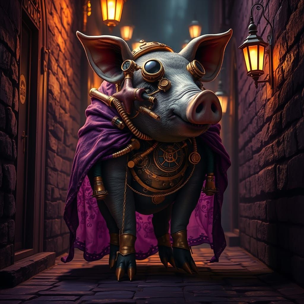 Steampunk Pig in Mystical Alleyway