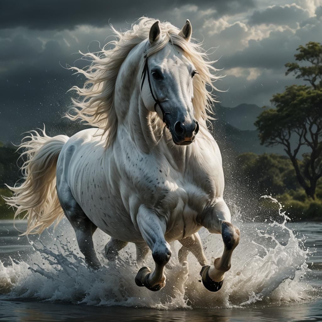 White Horse Galloping: Dramatic Digital Painting