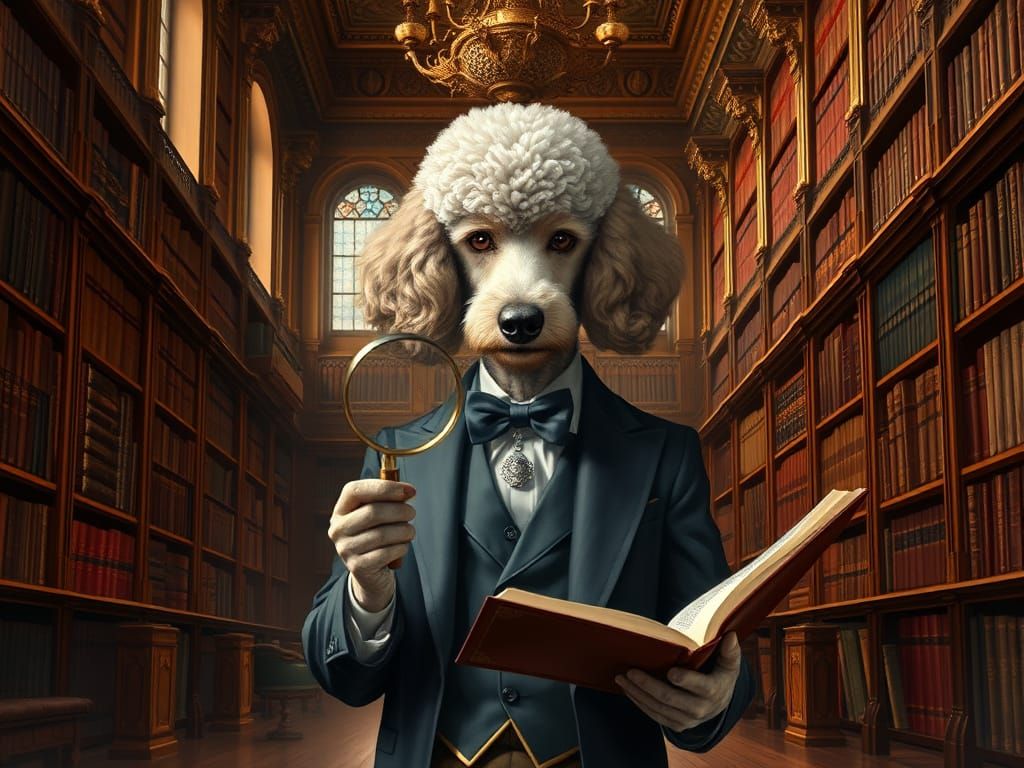Elegant Poodle Detective in Grand Library