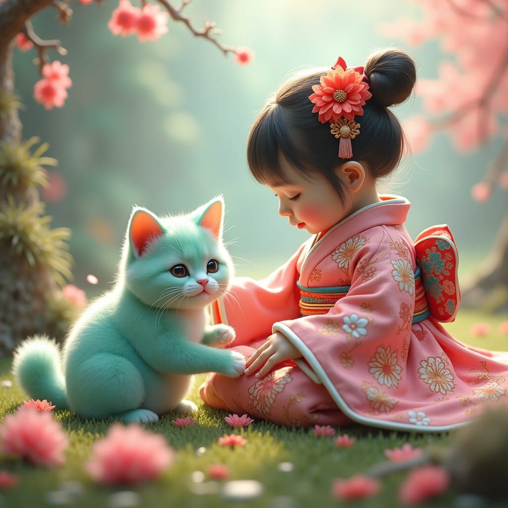 Mint Cat and Kimono Girl in Dream Garden