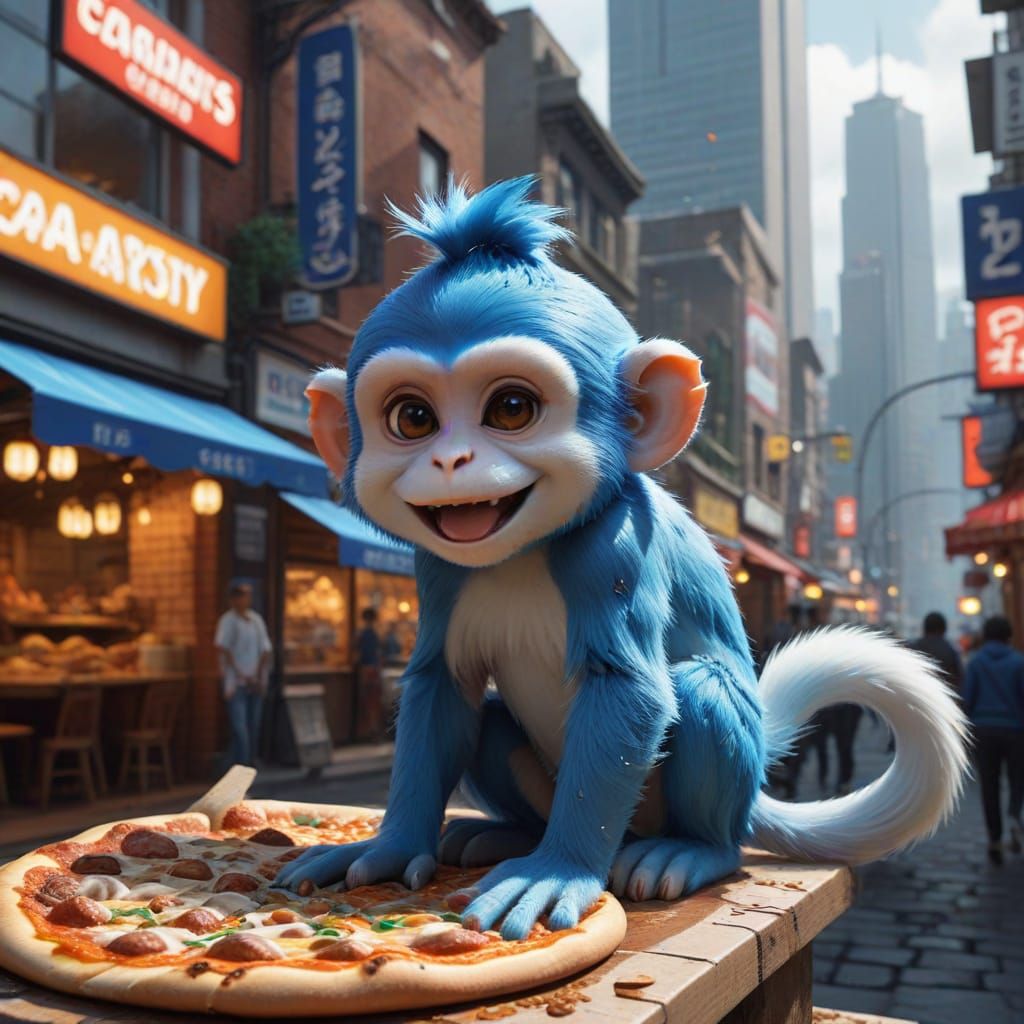 Whimsical Monkey Pizza Scene in 3D Anime Style