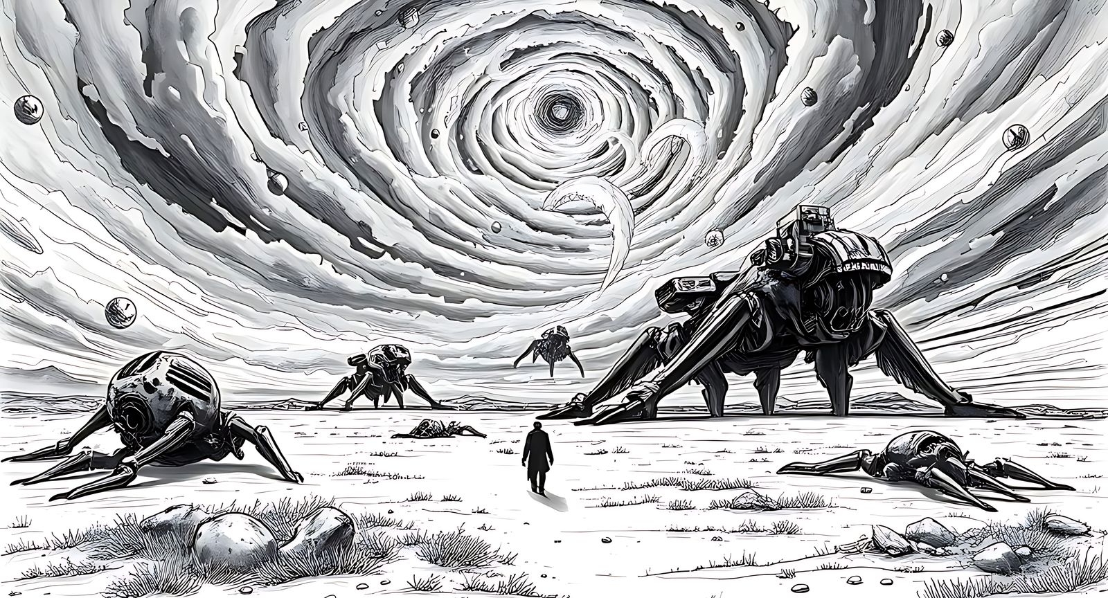 A lone figure wanders through a desolate plain, the ground littered with the remains of  gothic machines . . .