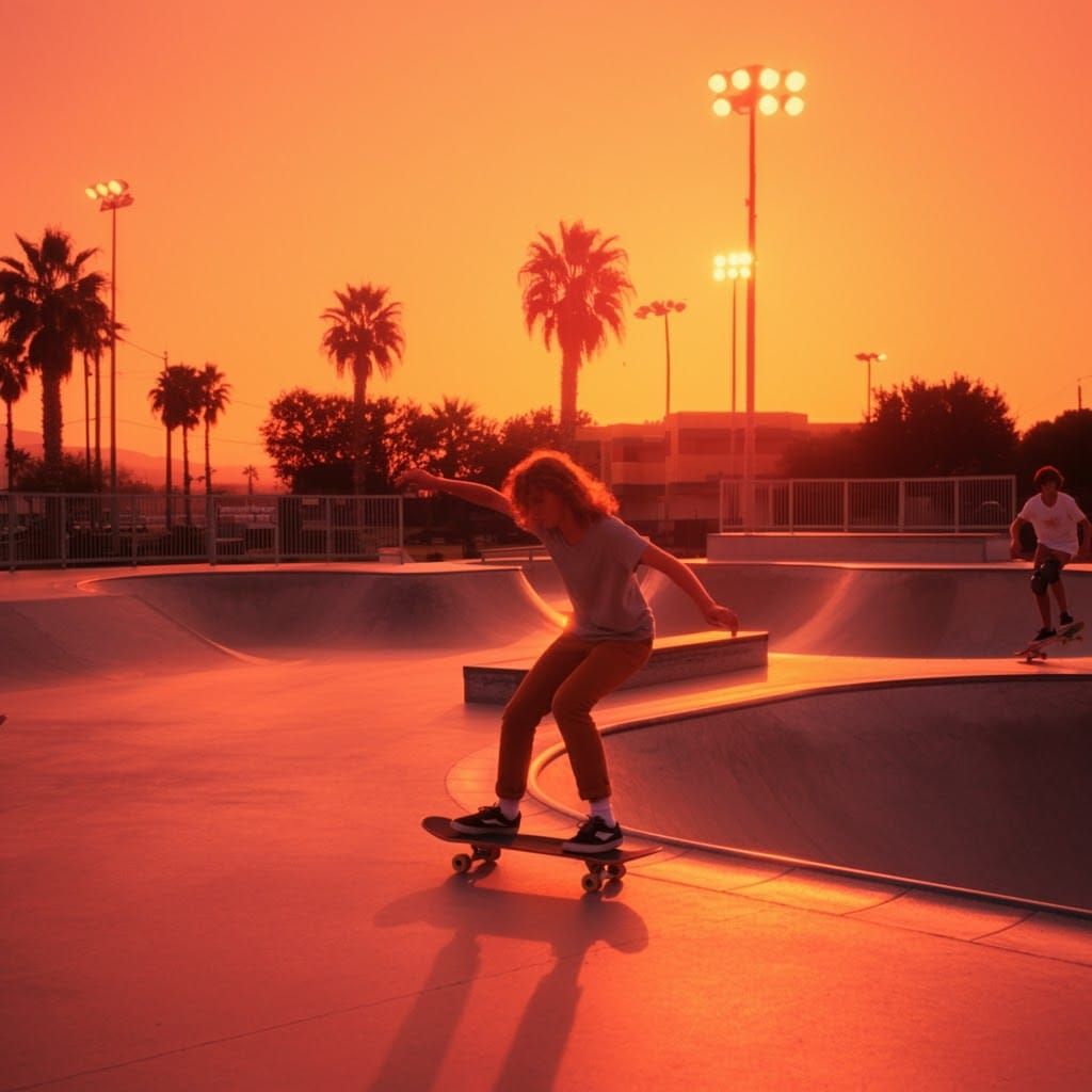 Retro 80s Teenagers Skateboarding in Neon Skate Park