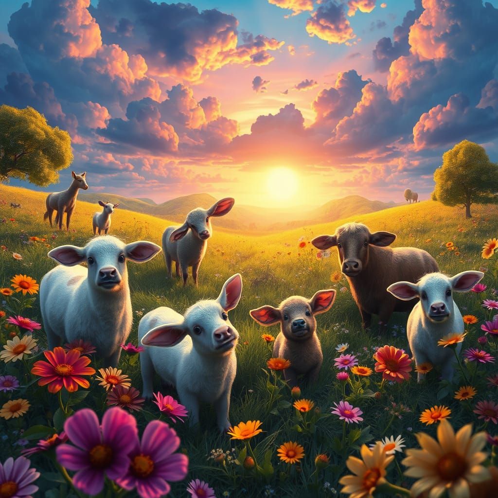 Whimsical Farmyard Scene at Sunset
