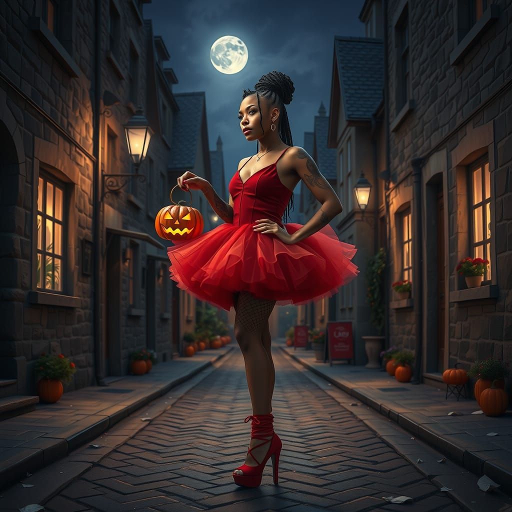 Woman in Red Tutu with Jack-o'-Lantern on Cobblestone Street