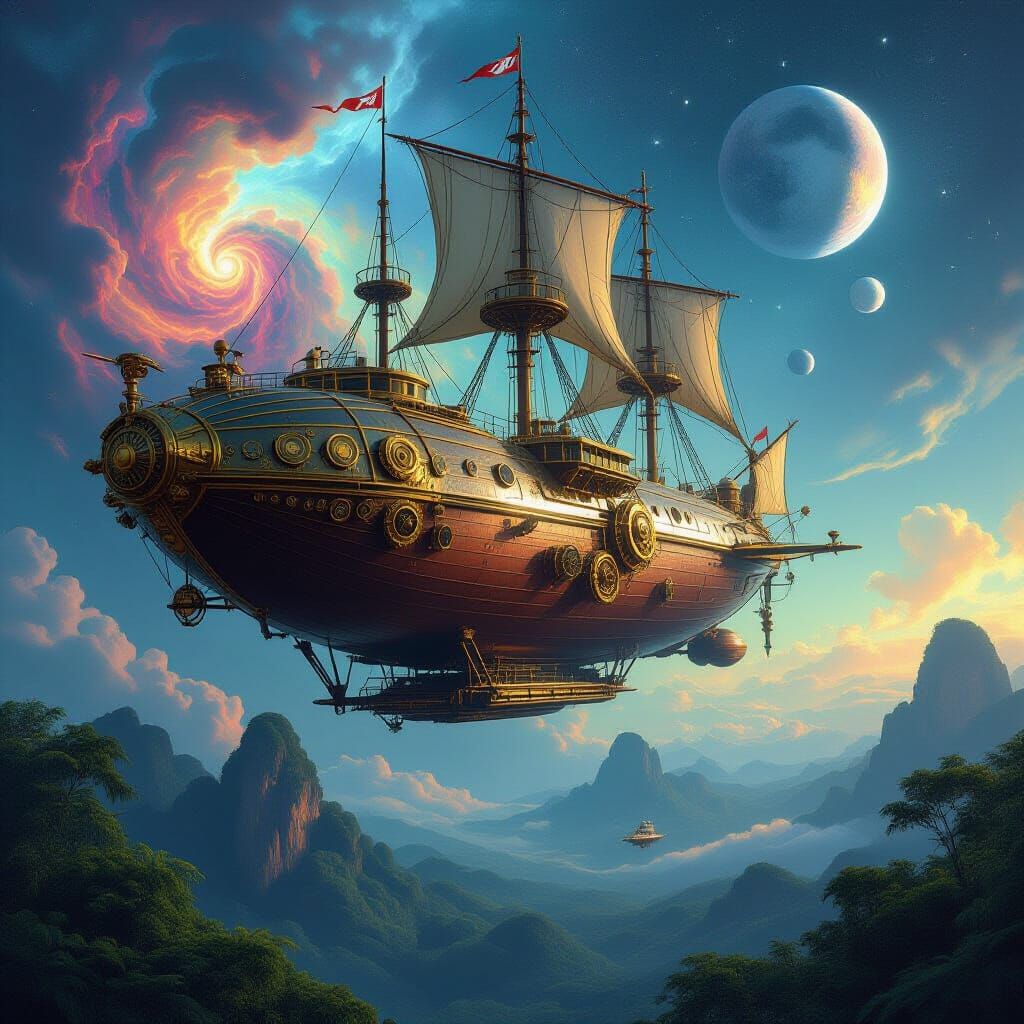 Steampunk Airship Soaring Through Alien Nebula