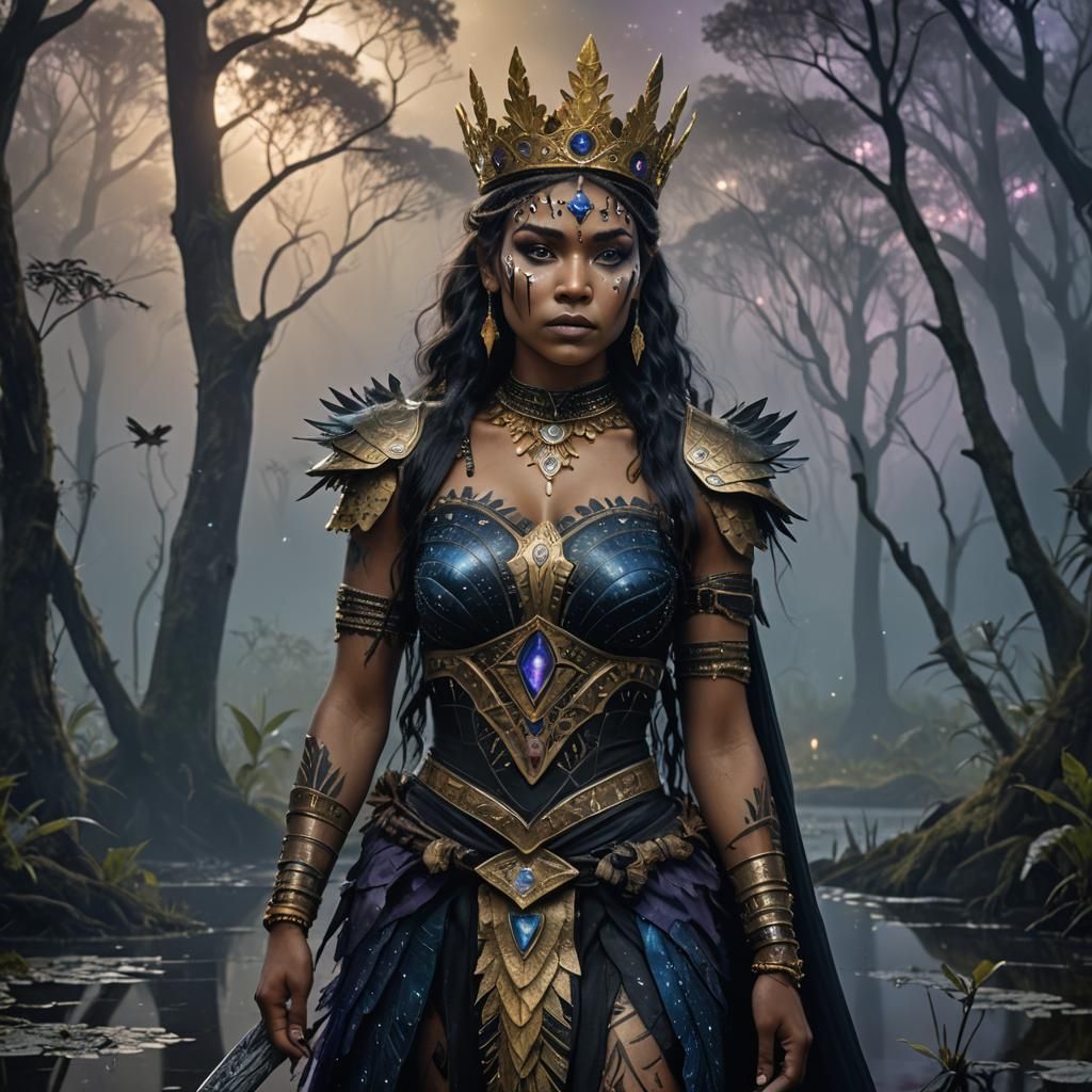 Aboriginal Warrior Princess in Misty Forest