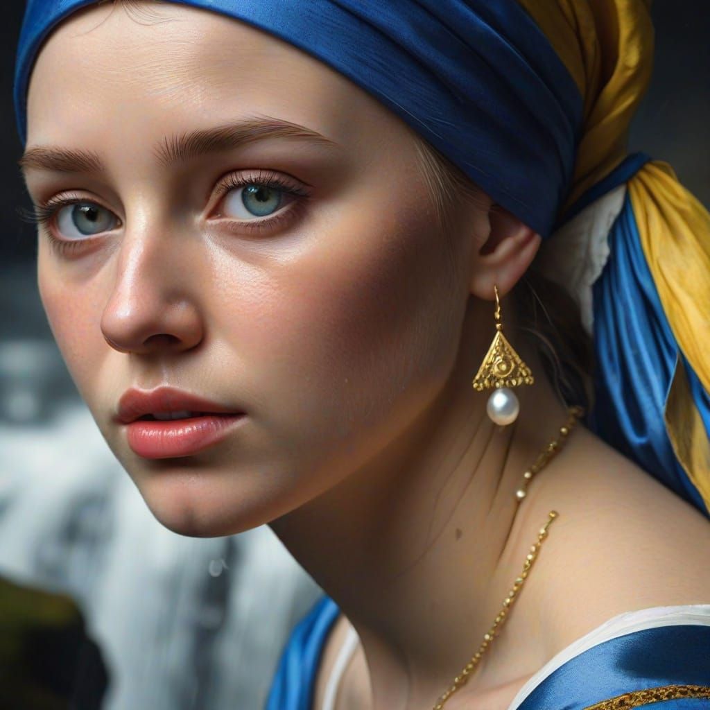 Girl Cries Waterfalls: Vermeer Style Hyperrealistic Photo