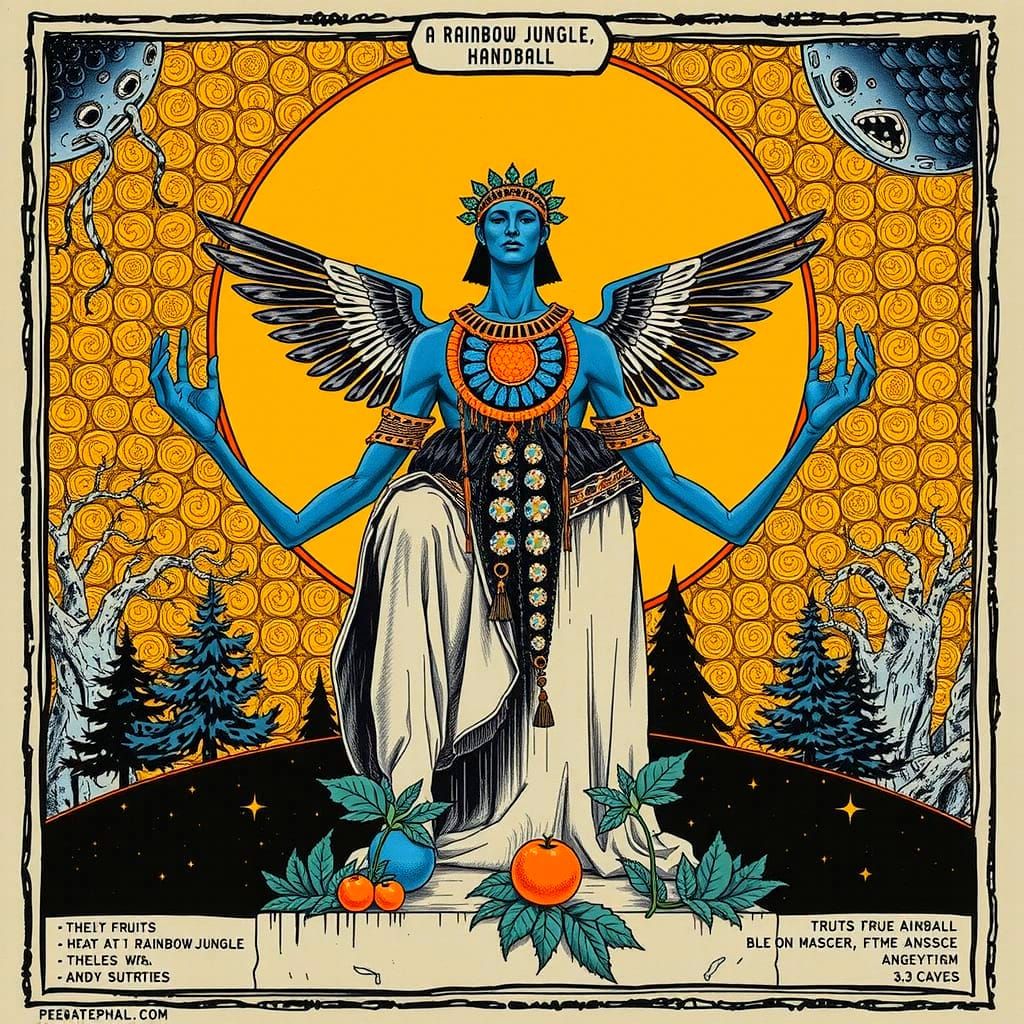 Vibrant Rainbow Jungle with Giant Fruit and Skull Etching