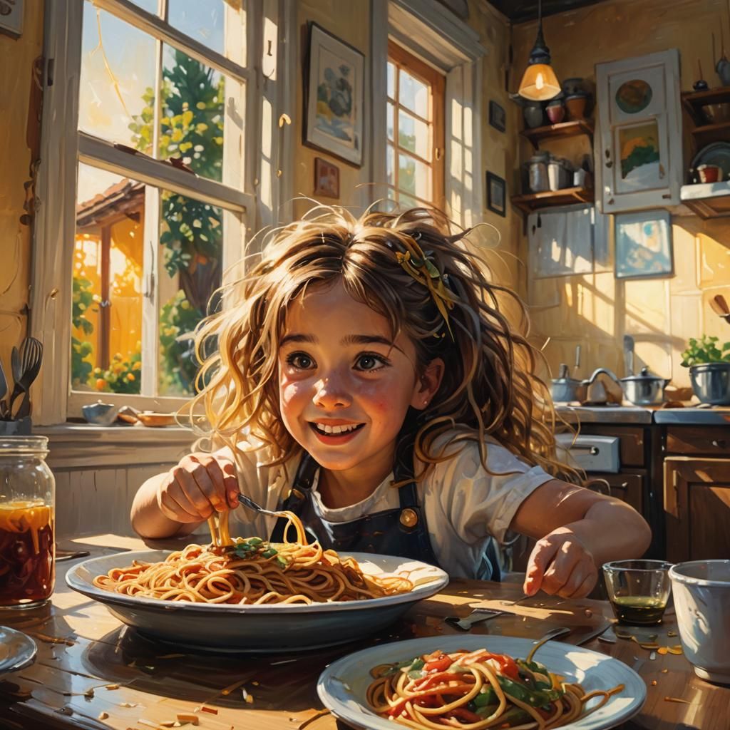 Girl Eating Spaghetti: Whimsical Oil Painting