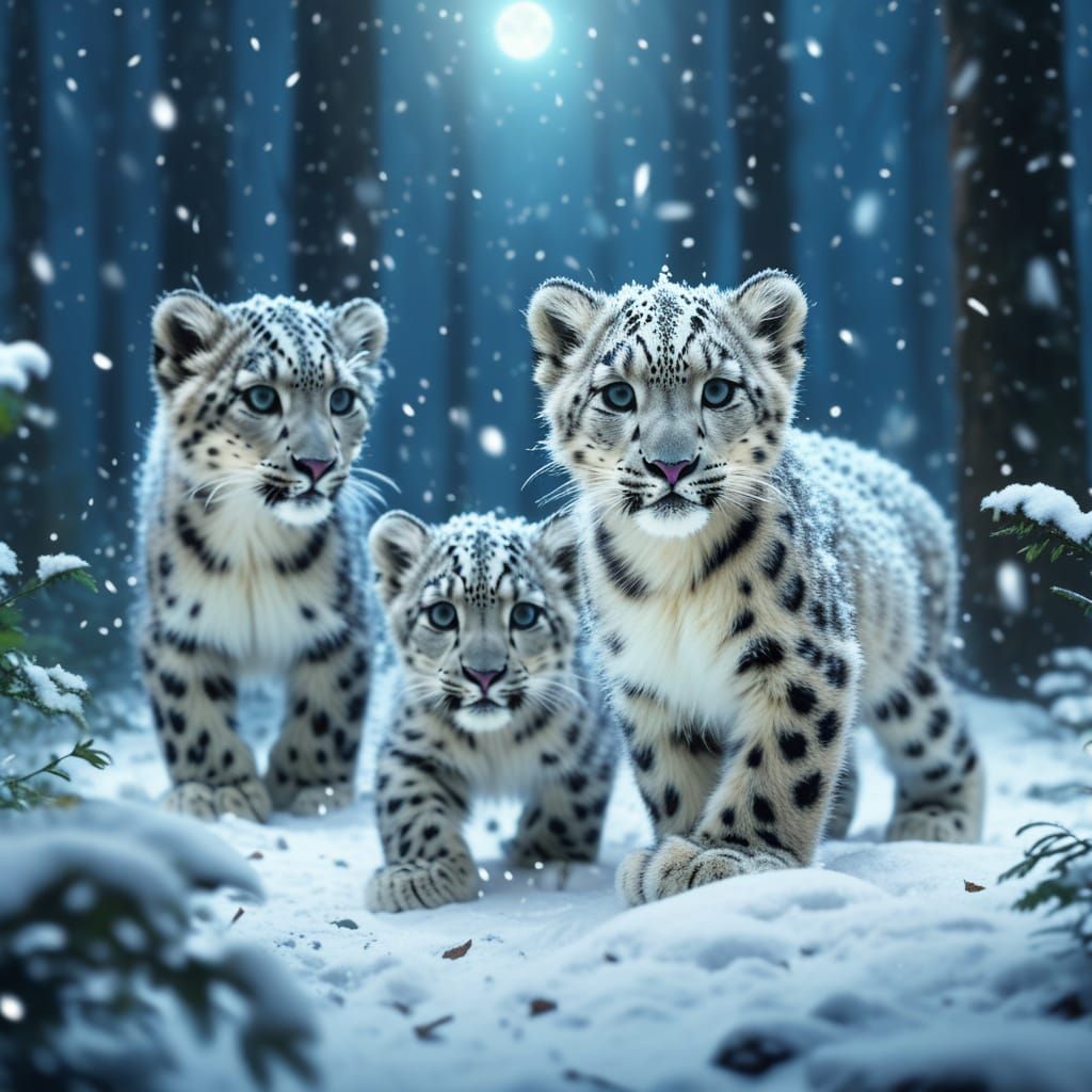 Whimsical Snow Leopard Cubs in Enchanted Forest