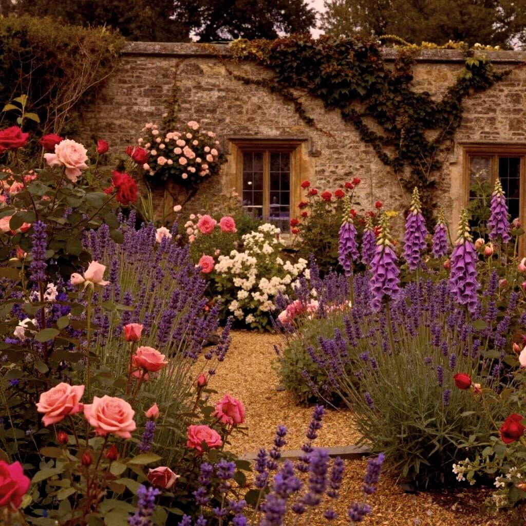 English Country Garden in Soft Morning Light