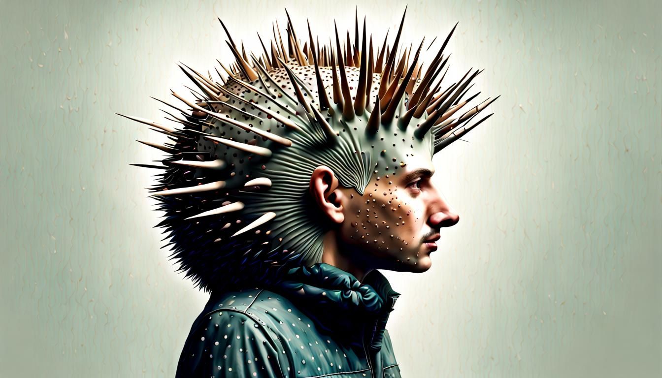 Hedgehog-Headed Human: Anamorphic Creature with Spiky Hair