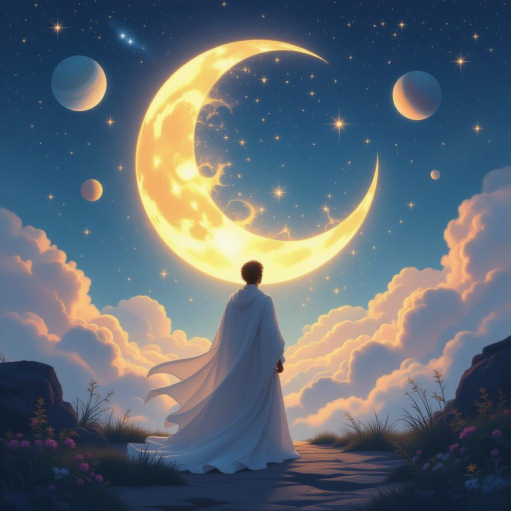 Man with Celestial Powers Under Cosmic Sky