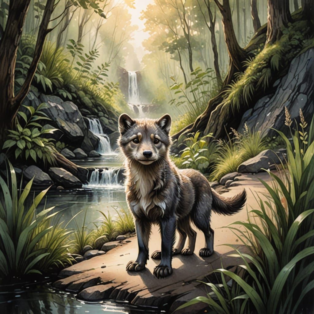 Whimsical Wolf Puppy and Otter Friendship in a Forest Landsc...