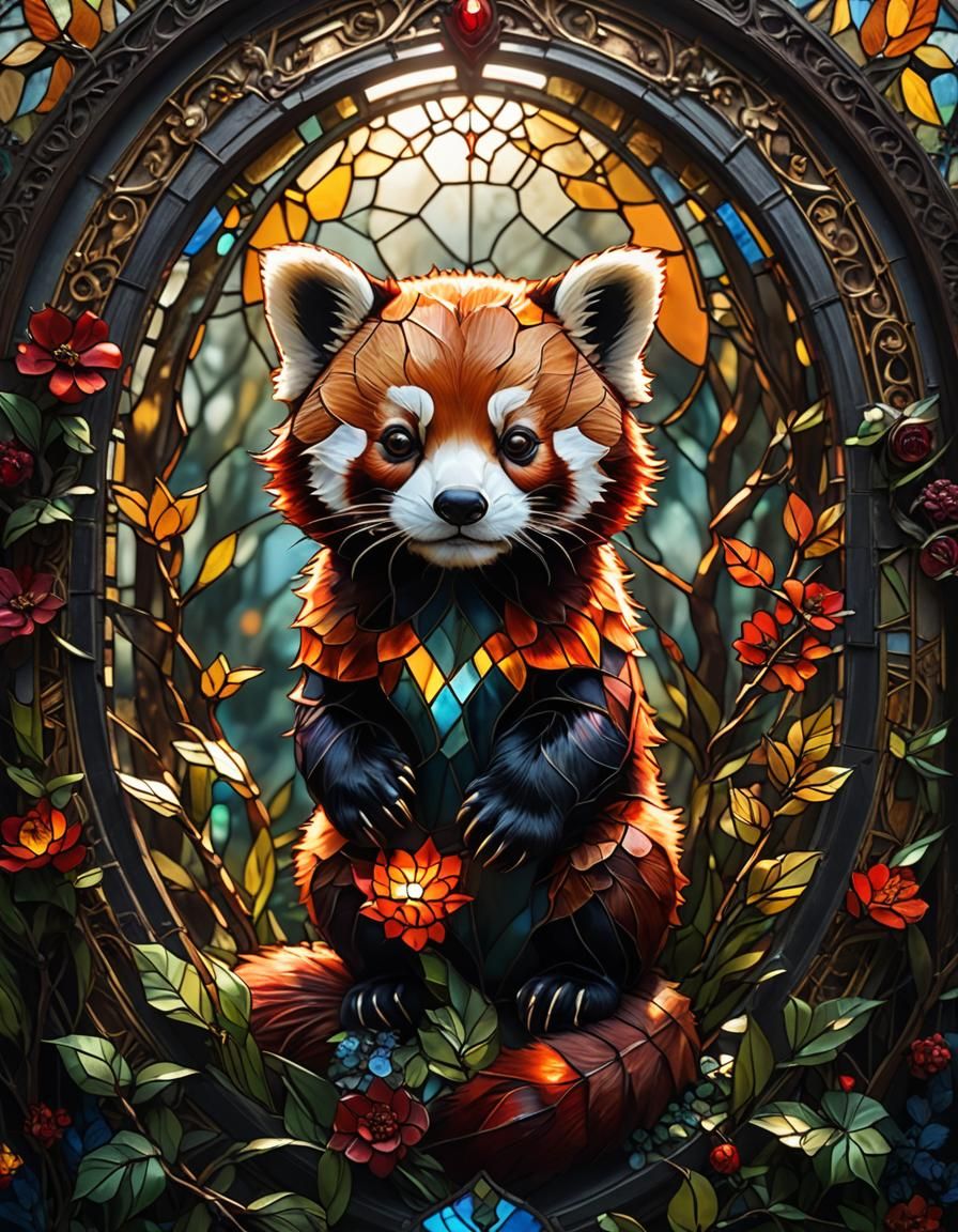 Luminous Stained Glass Red Panda in Sunlight