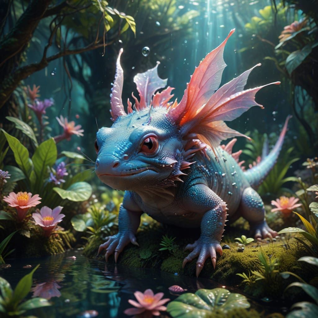 Surreal Iridescent Axolotl Family in Fantasy Garden