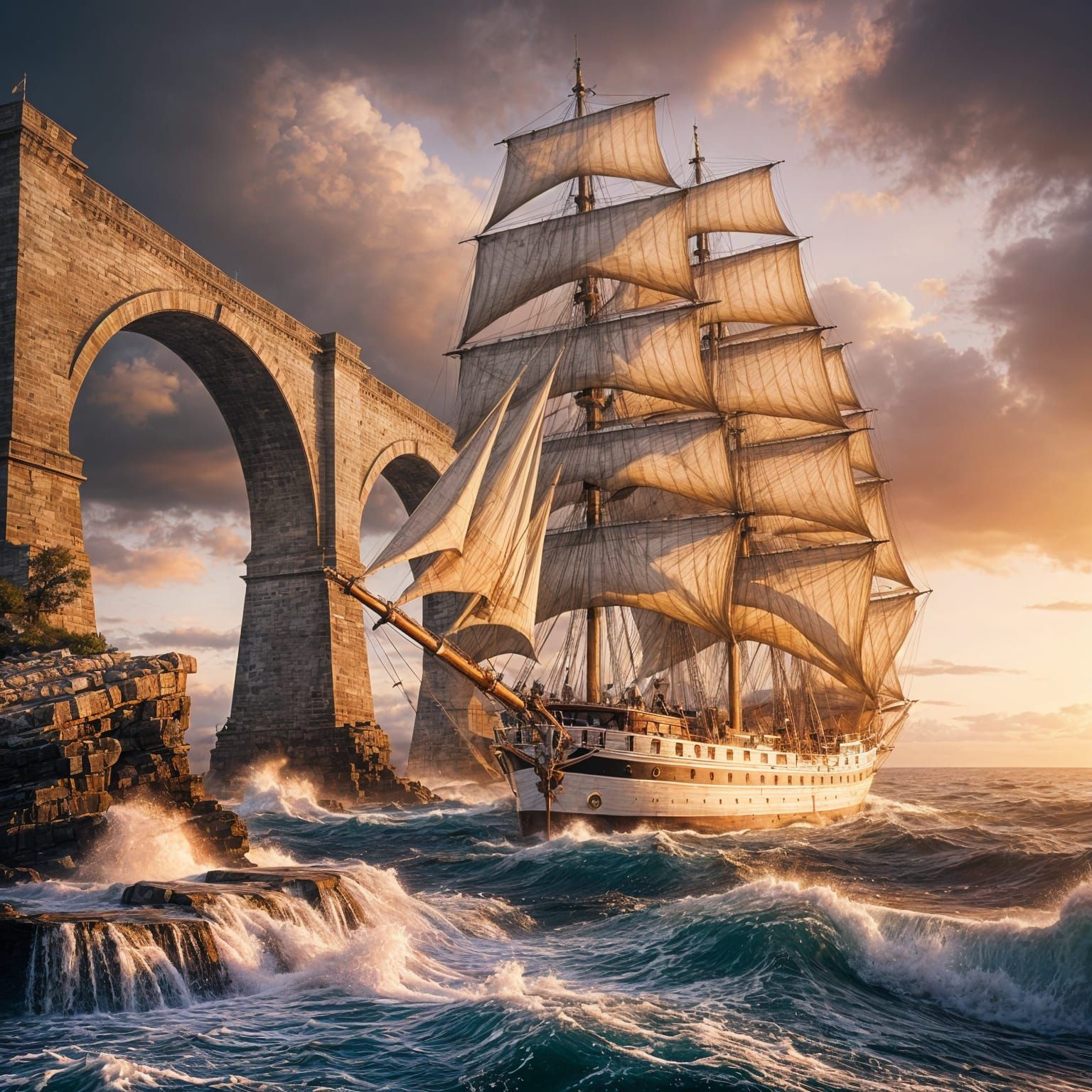 18th Century Ship Navigates Rough Seas Near Stone Bridge