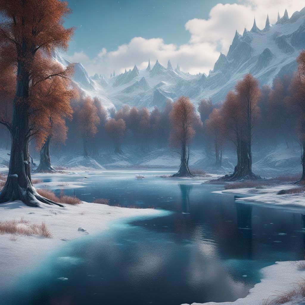 Winter Frozen Lake Scene in Detailed Matte Painting Style
