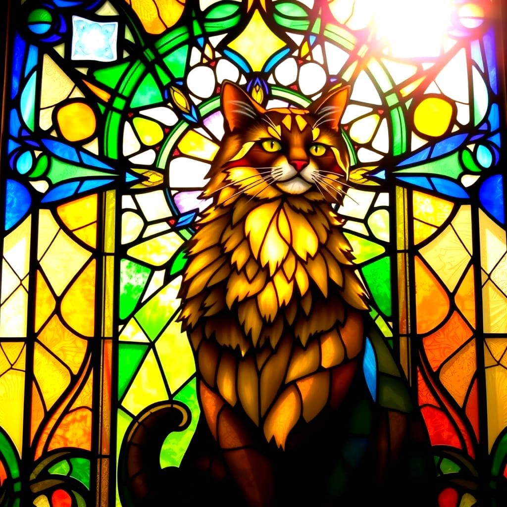 Majestic Cat in Vibrant Stained Glass Window